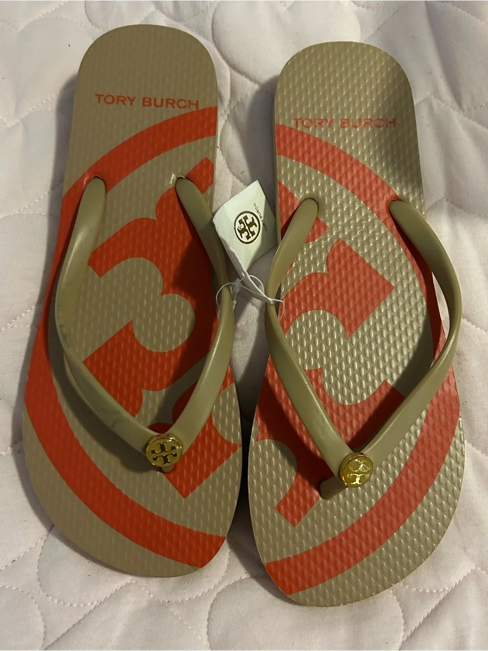 Tory Burch Beige and Orange Logo Flip Flop Sandals